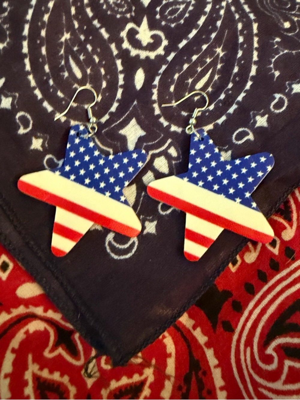 Patriotic Star Leather Earrings - Red White Blue